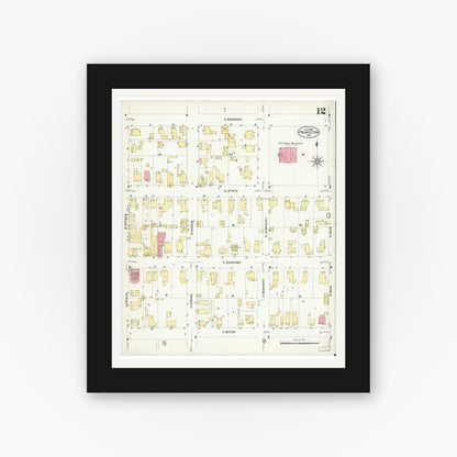 Old map wall art mockup — black gallery frame with white mat — Sanborn Fire Insurance Map from Princeton, Gibson County, Indiana (1907), Sheet #0012