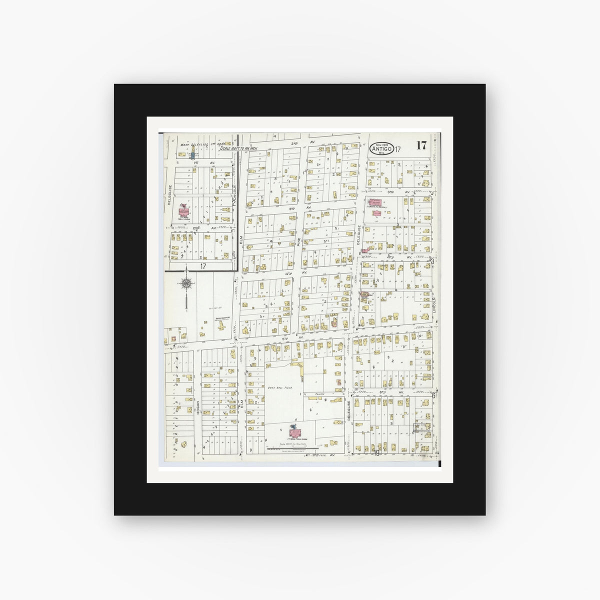 Old map wall art mockup — black gallery frame with white mat — Sanborn Fire Insurance Map from Antigo, Langlade County, Wisconsin (1919), Sheet #0017