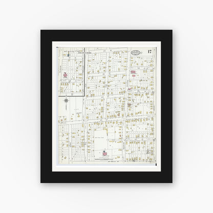 Old map wall art mockup — black gallery frame with white mat — Sanborn Fire Insurance Map from Antigo, Langlade County, Wisconsin (1919), Sheet #0017