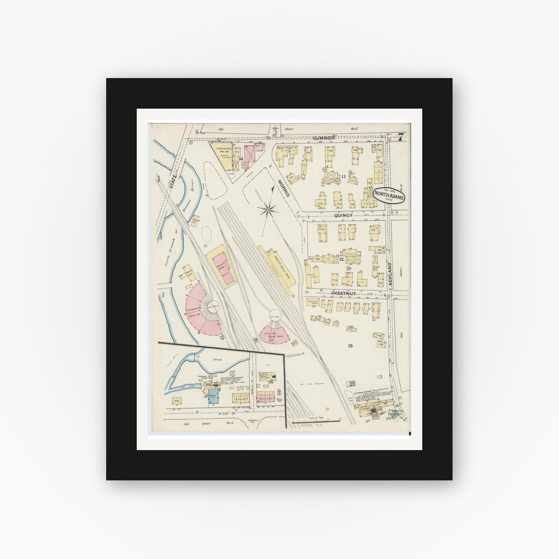 Old map wall art mockup — black gallery frame with white mat — Sanborn Fire Insurance Map from North Adams, Berkshire County, Massachusetts (1888), Sheet #0007