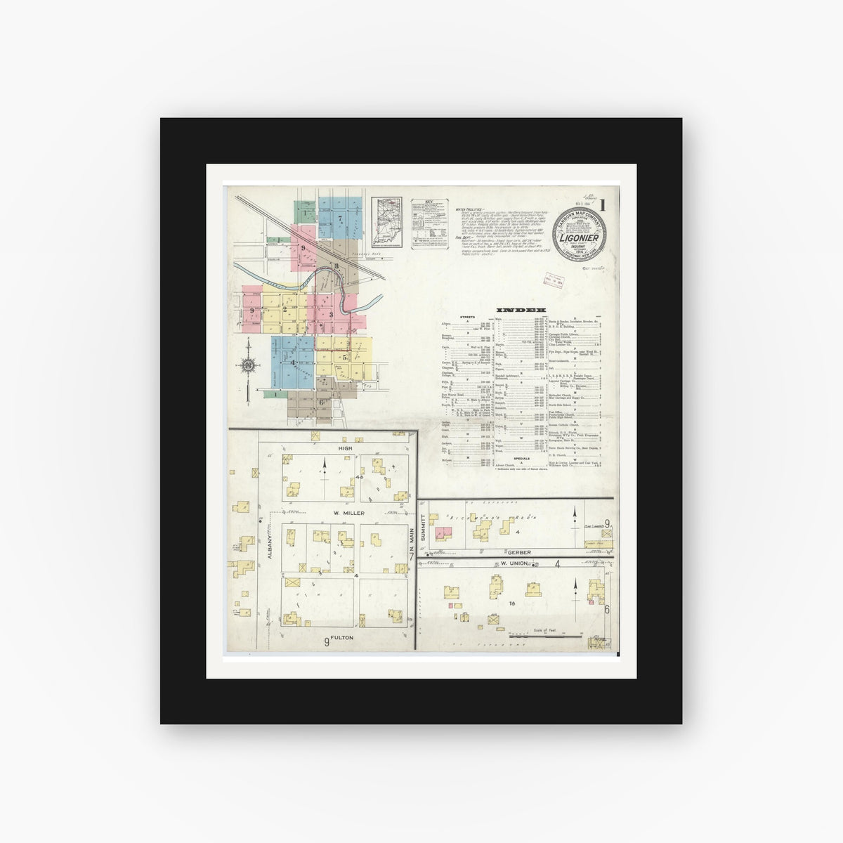 Old map wall art mockup — black gallery frame with white mat — Sanborn Fire Insurance Map from Ligonier, Noble County, Indiana (1914) - Complete Map Set
