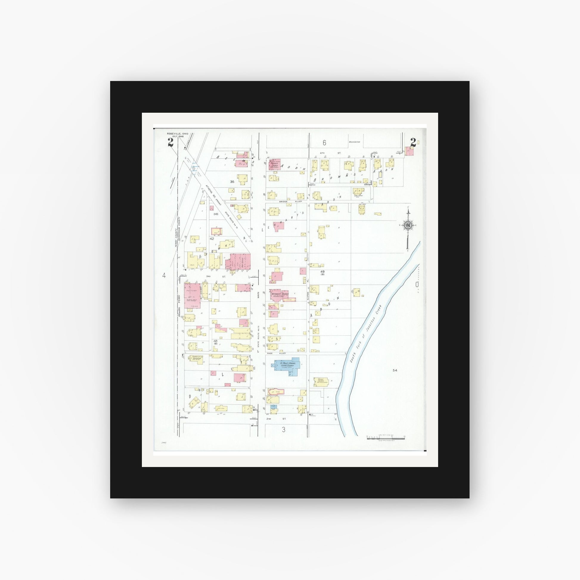Old map wall art mockup — black gallery frame with white mat — Sanborn Fire Insurance Map from Roseville, Perry And Muskingum Counties, Ohio (1946), Sheet #0002