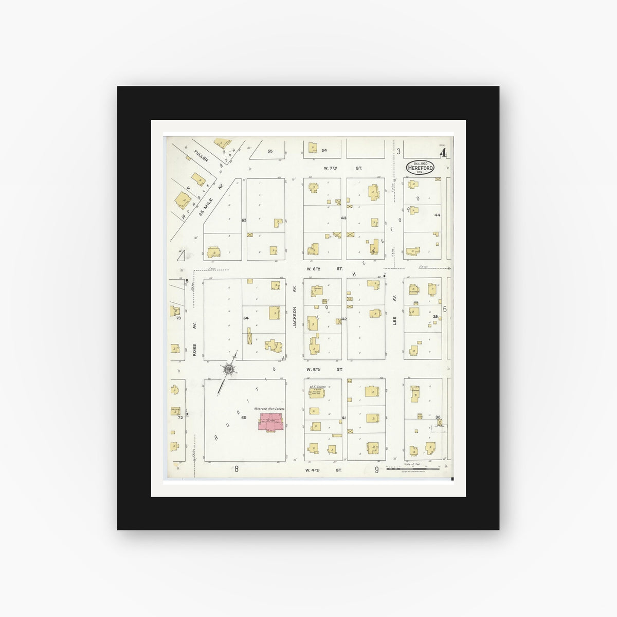 Old map wall art mockup — black gallery frame with white mat — Sanborn Fire Insurance Map from Hereford, Deaf Smith County, Texas (1920), Sheet #0004
