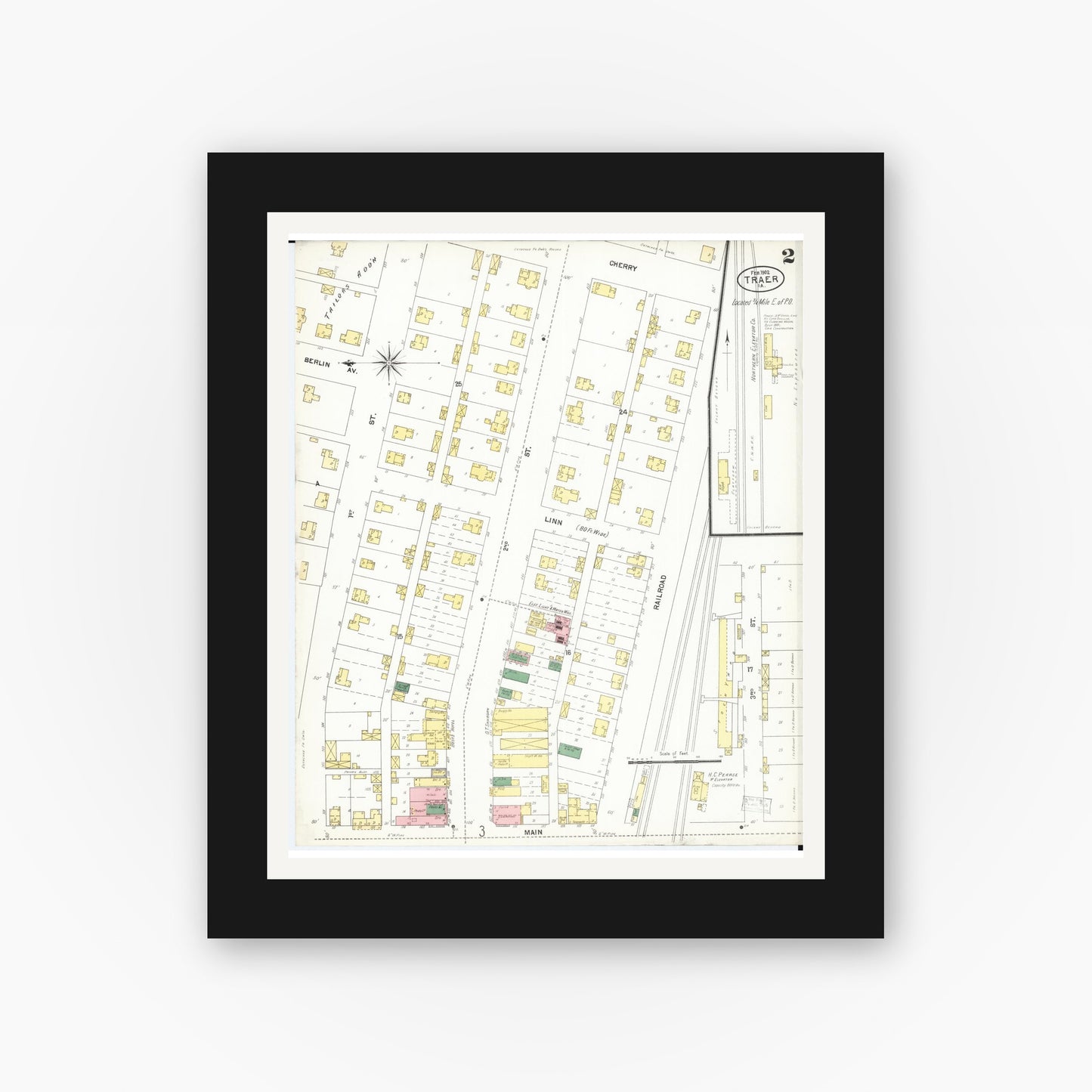 Old map wall art mockup — black gallery frame with white mat — Sanborn Fire Insurance Map from Traer, Tama County, Iowa (1902), Sheet #0002