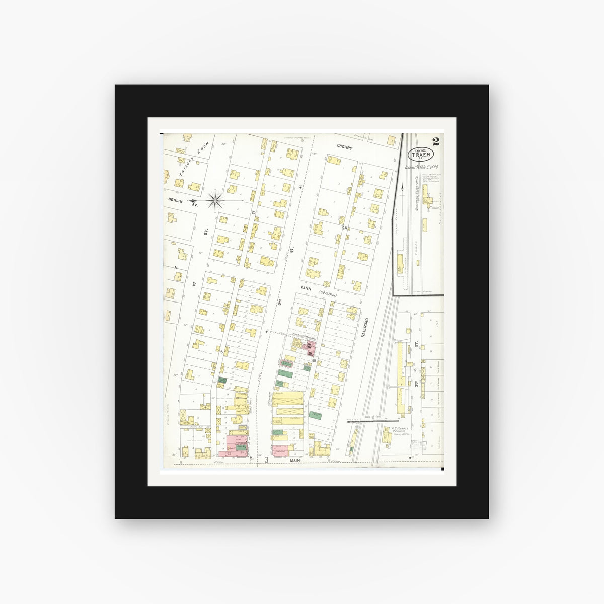 Old map wall art mockup — black gallery frame with white mat — Sanborn Fire Insurance Map from Traer, Tama County, Iowa (1902), Sheet #0002
