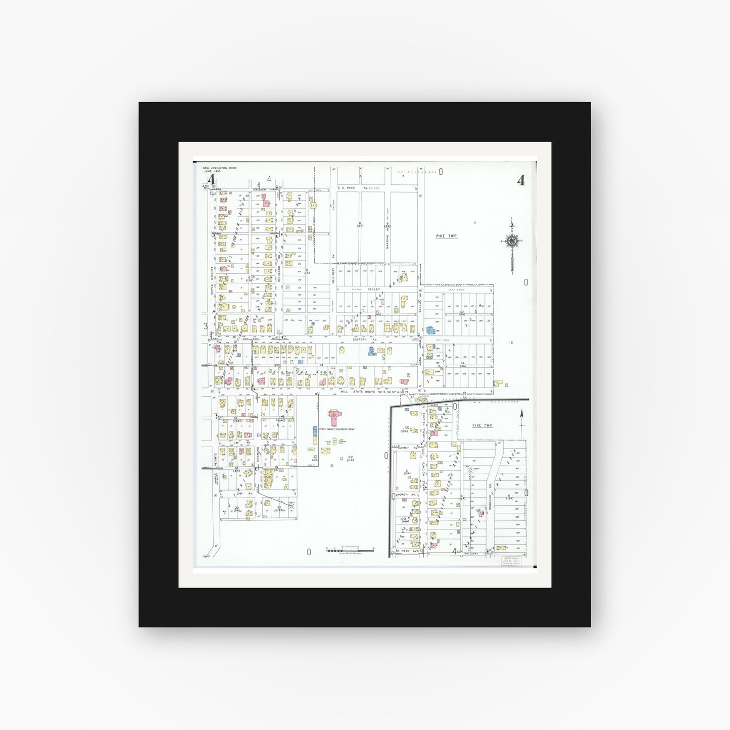 Old map wall art mockup — black gallery frame with white mat — Sanborn Fire Insurance Map from New Lexington, Perry County, Ohio (1950), Sheet #0004