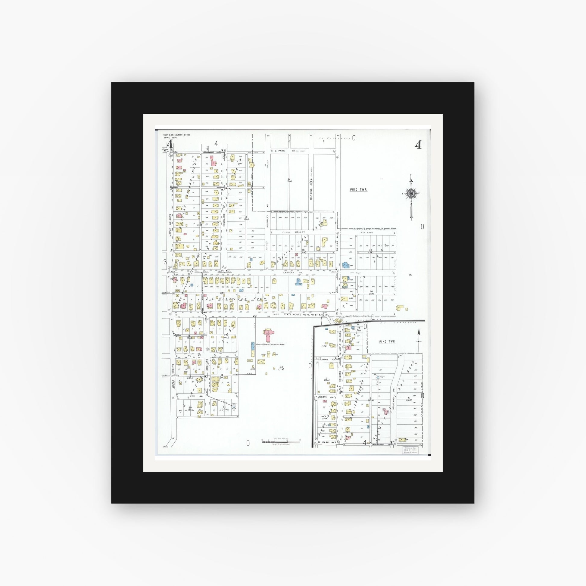 Old map wall art mockup — black gallery frame with white mat — Sanborn Fire Insurance Map from New Lexington, Perry County, Ohio (1950), Sheet #0004