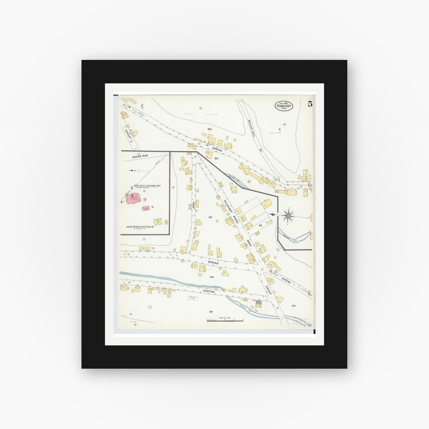 Old map wall art mockup — black gallery frame with white mat — Sanborn Fire Insurance Map from Pomeroy, Meigs County, Ohio (1908), Sheet #0005