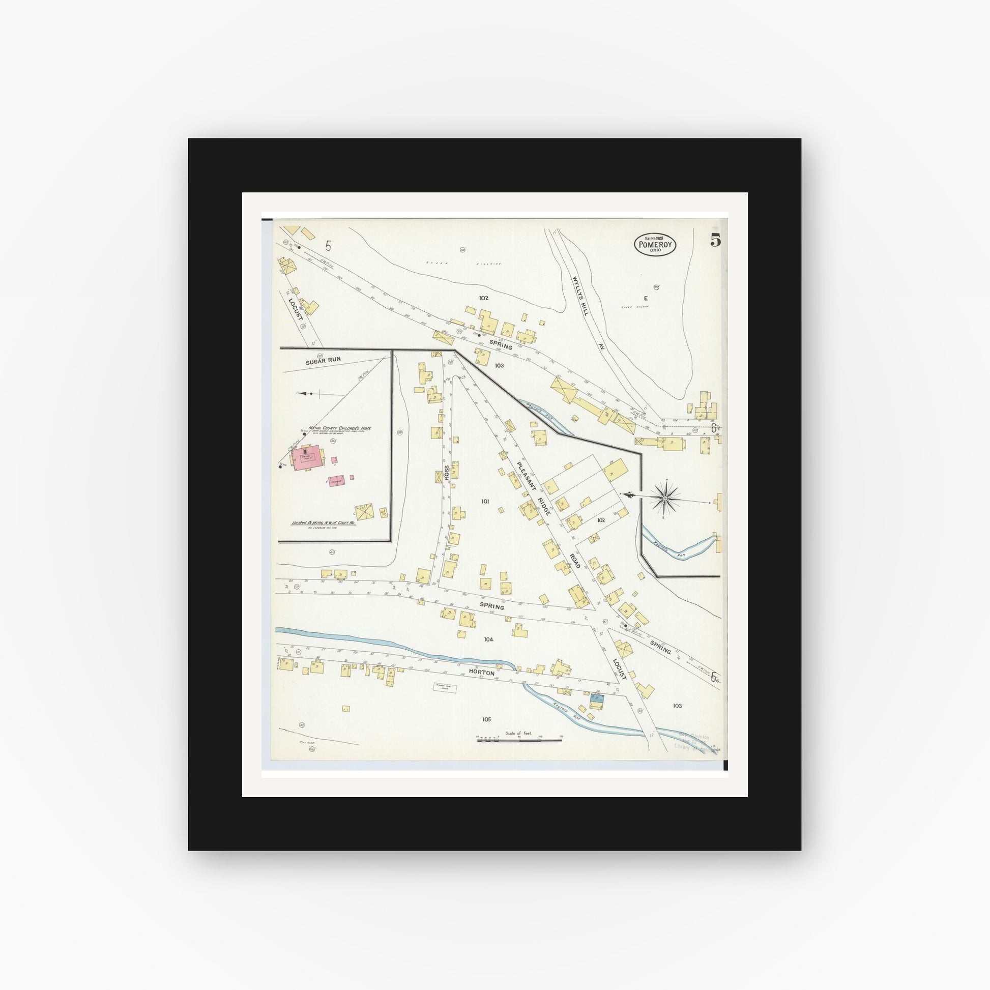 Old map wall art mockup — black gallery frame with white mat — Sanborn Fire Insurance Map from Pomeroy, Meigs County, Ohio (1908), Sheet #0005