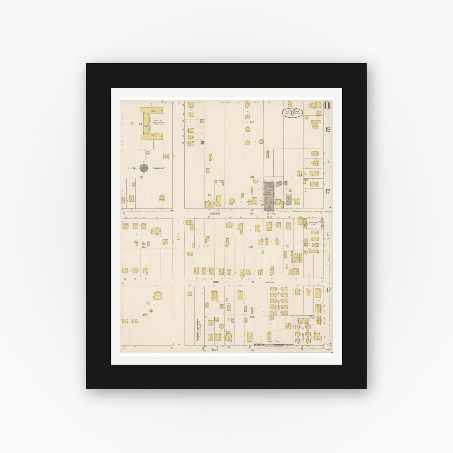 Old map wall art mockup — black gallery frame with white mat — Sanborn Fire Insurance Map from Calexico, Imperial County, California (1920), Sheet #0011