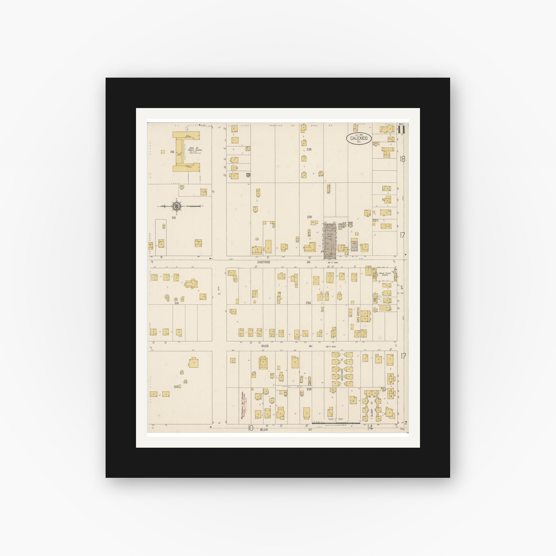 Old map wall art mockup — black gallery frame with white mat — Sanborn Fire Insurance Map from Calexico, Imperial County, California (1920), Sheet #0011