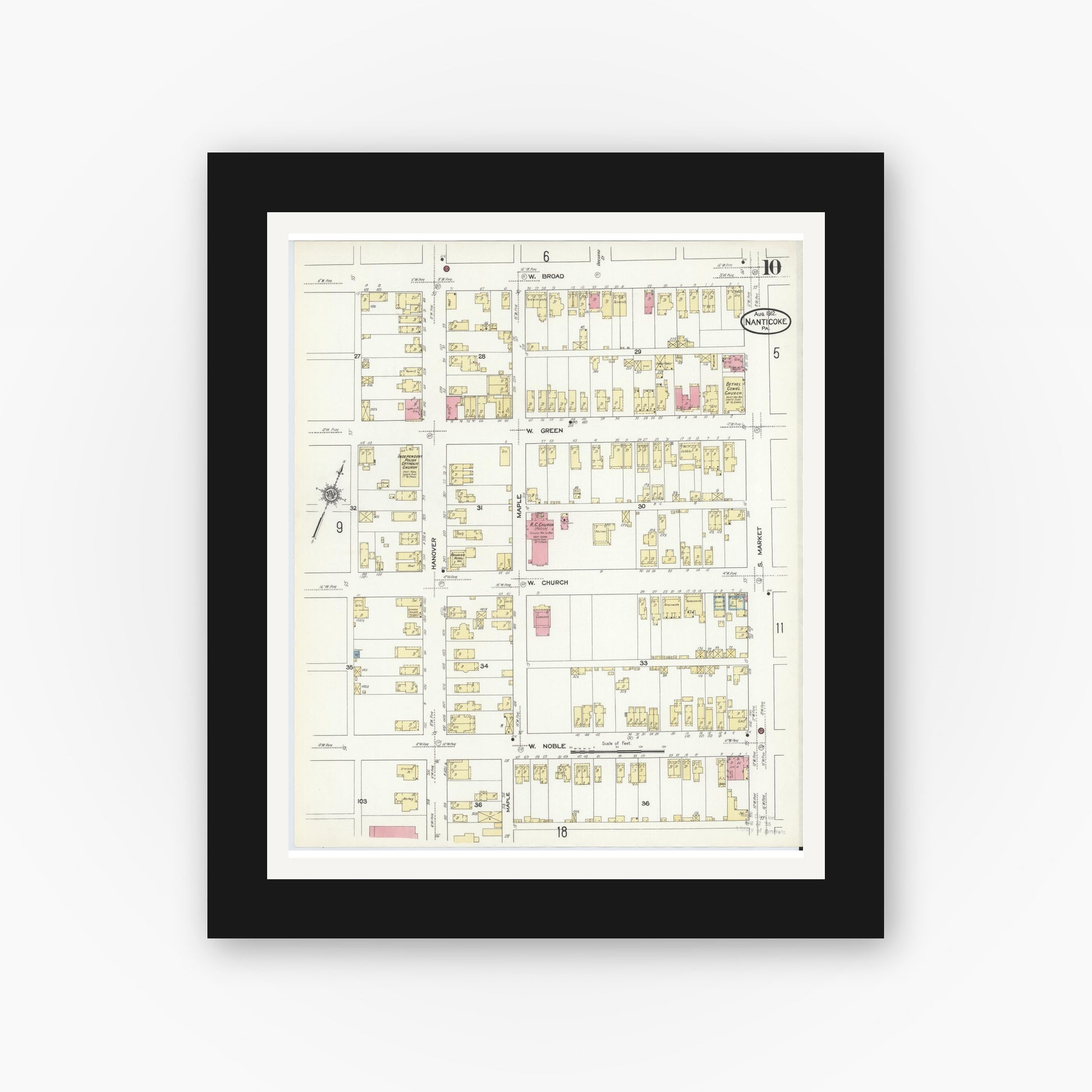 Old map wall art mockup — black gallery frame with white mat — Sanborn Fire Insurance Map from Nanticoke, Luzerne County, Pennsylvania (1912), Sheet #0010