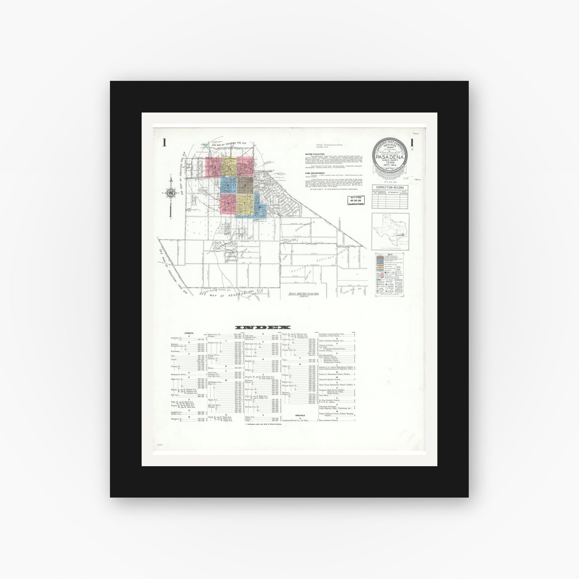 Old map wall art mockup — black gallery frame with white mat — Sanborn Fire Insurance Map from Pasadena, Harris County, Texas (1943) - Complete Map Set