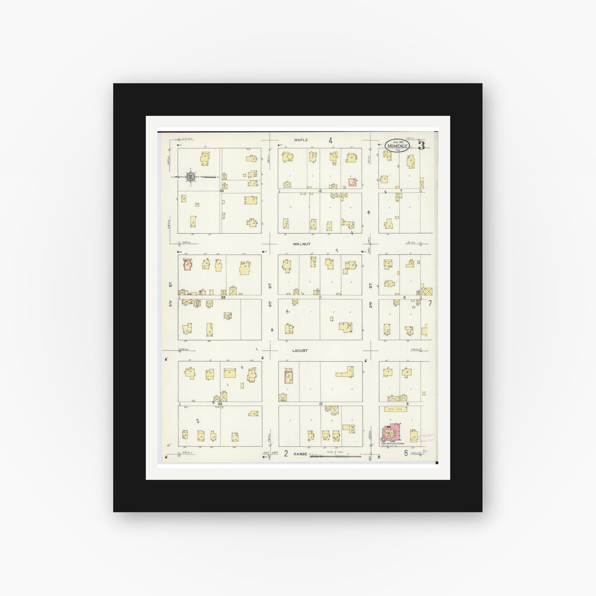 Old map wall art mockup — black gallery frame with white mat — Sanborn Fire Insurance Map from Momence, Kankakee County, Illinois (1913), Sheet #0003