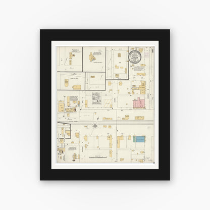 Old map wall art mockup — black gallery frame with white mat — Sanborn Fire Insurance Map from Shiner, Lavaca County, Texas (1906), Sheet #0001
