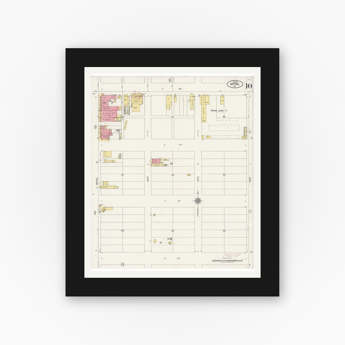 Old map wall art mockup — black gallery frame with white mat — Sanborn Fire Insurance Map from Imperial, Imperial County, California (1922), Sheet #0010