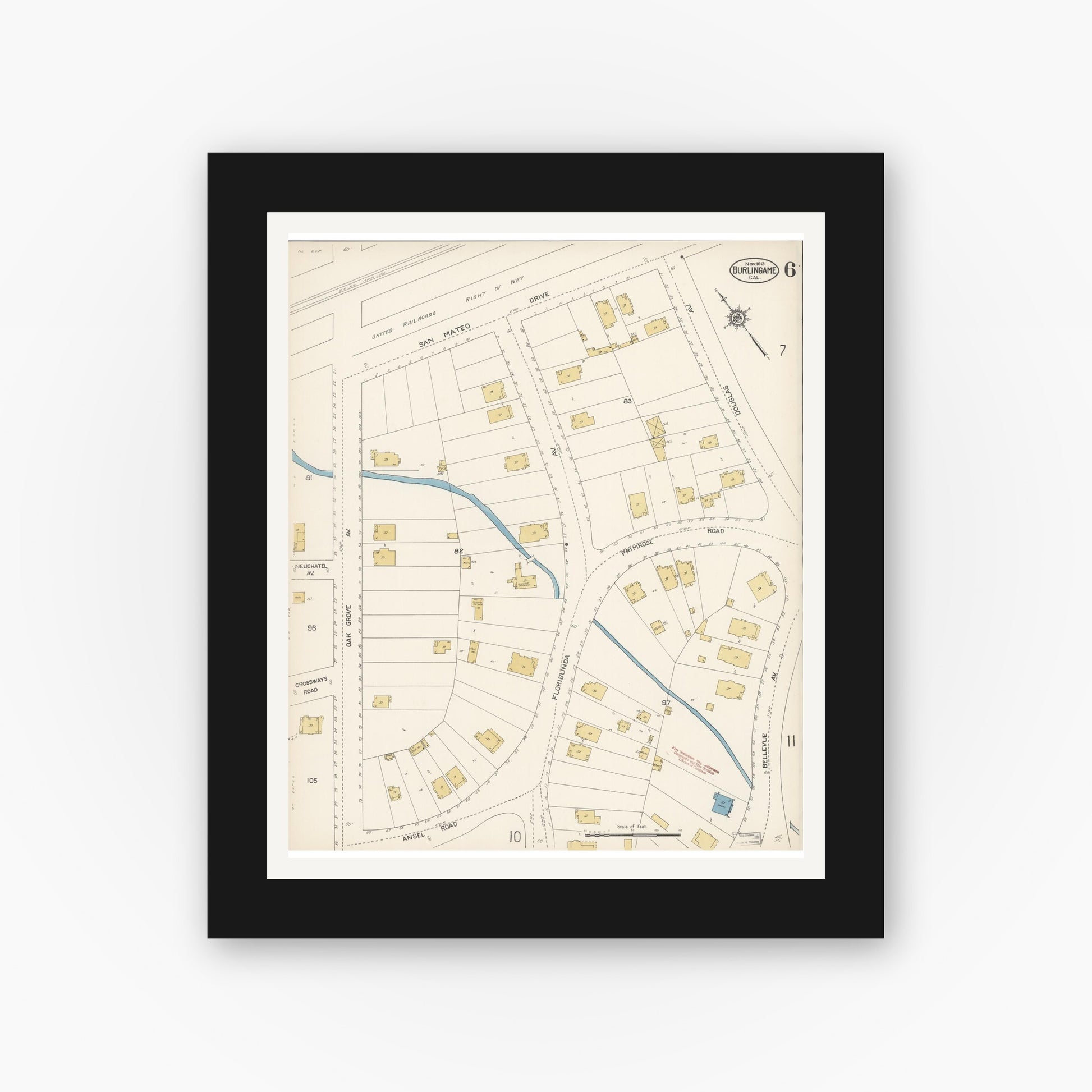 Old map wall art mockup — black gallery frame with white mat — Sanborn Fire Insurance Map from Burlingame, San Mateo County, California (1913), Sheet #0006