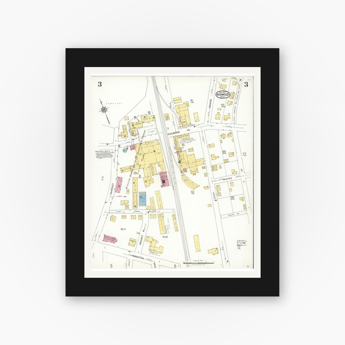 Old map wall art mockup — black gallery frame with white mat — Sanborn Fire Insurance Map from Norwood, Norfolk County, Massachusetts (1923), Sheet #0003