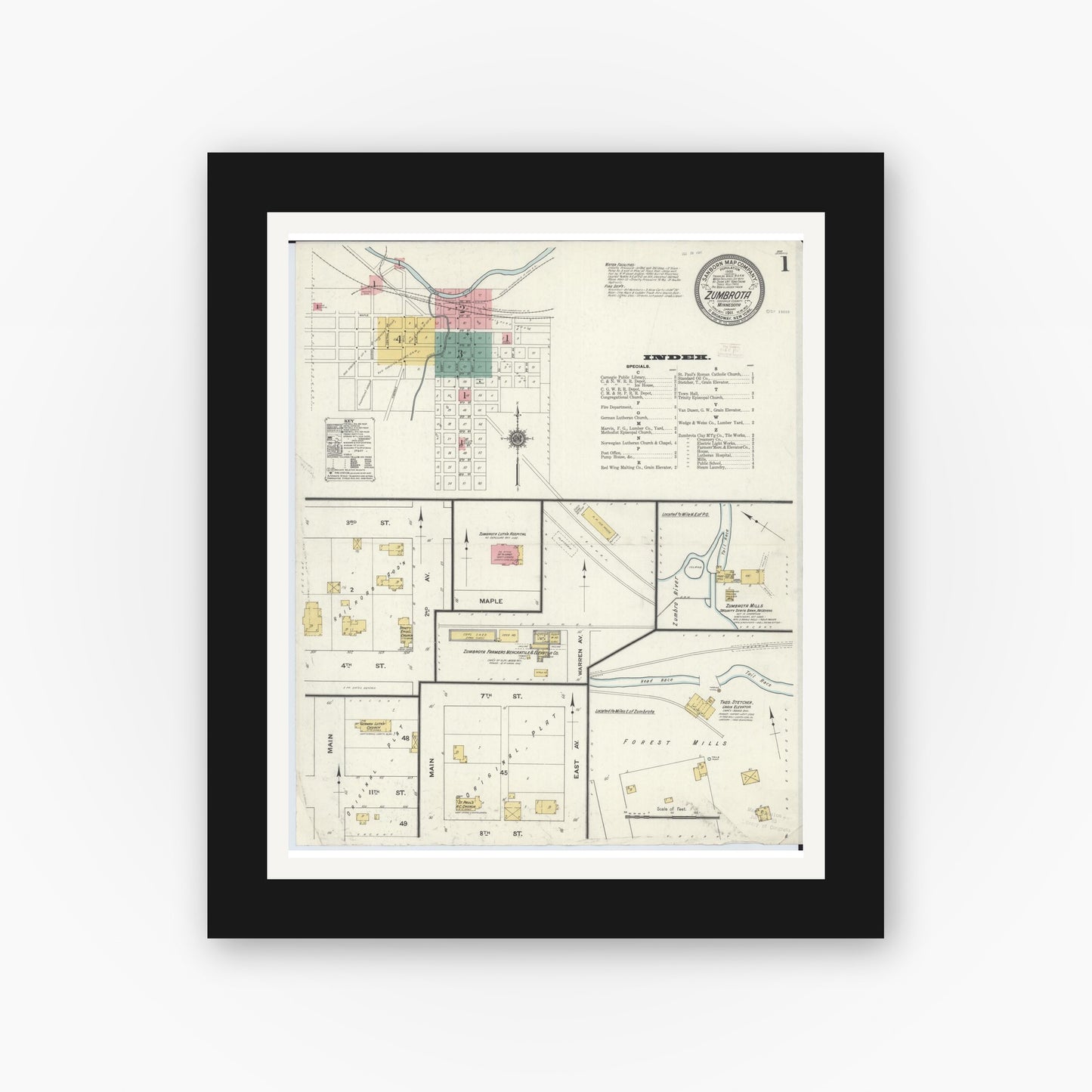 Old map wall art mockup — black gallery frame with white mat — Sanborn Fire Insurance Map from Zumbrota, Goodhue County, Minnesota (1911), Sheet #0001