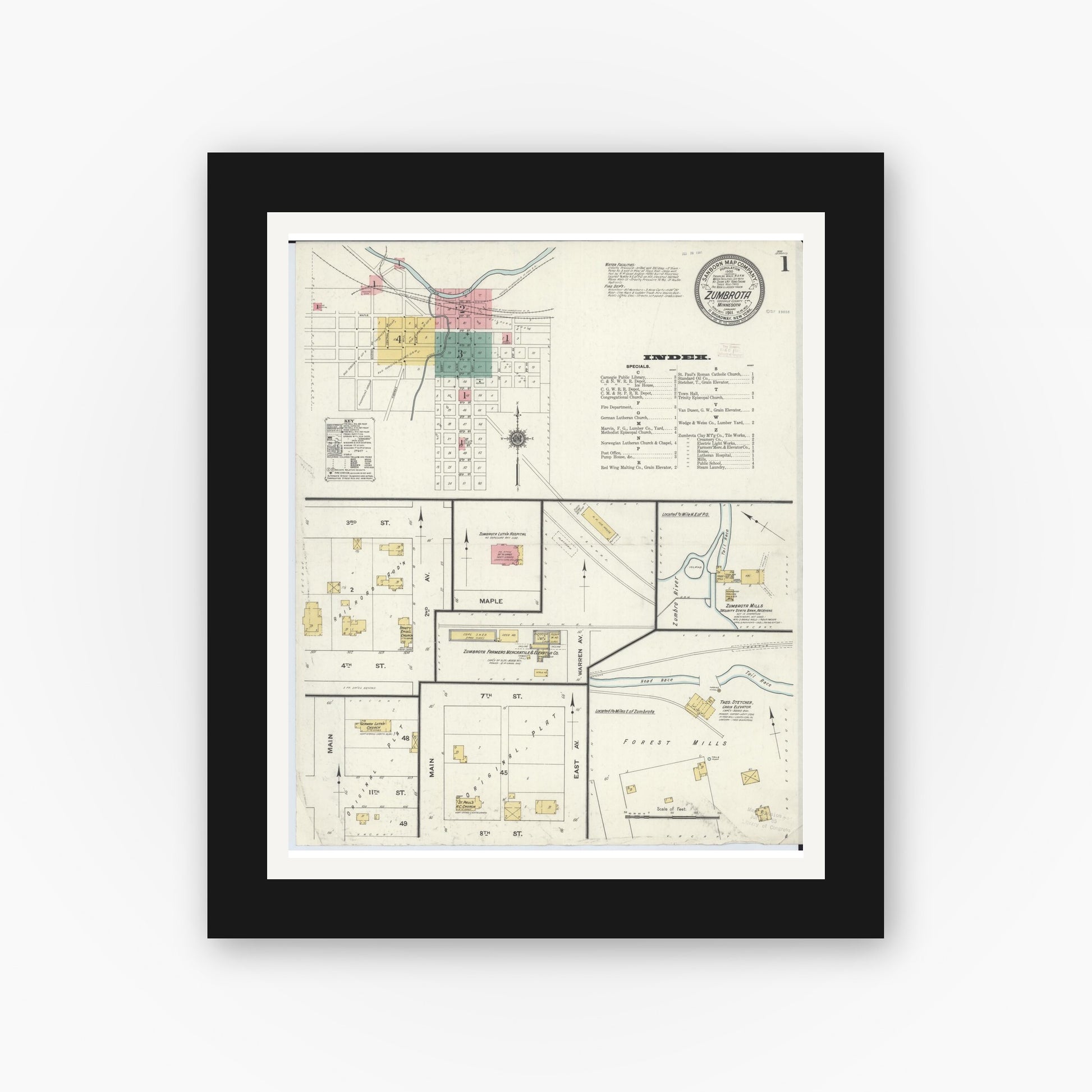 Old map wall art mockup — black gallery frame with white mat — Sanborn Fire Insurance Map from Zumbrota, Goodhue County, Minnesota (1911), Sheet #0001