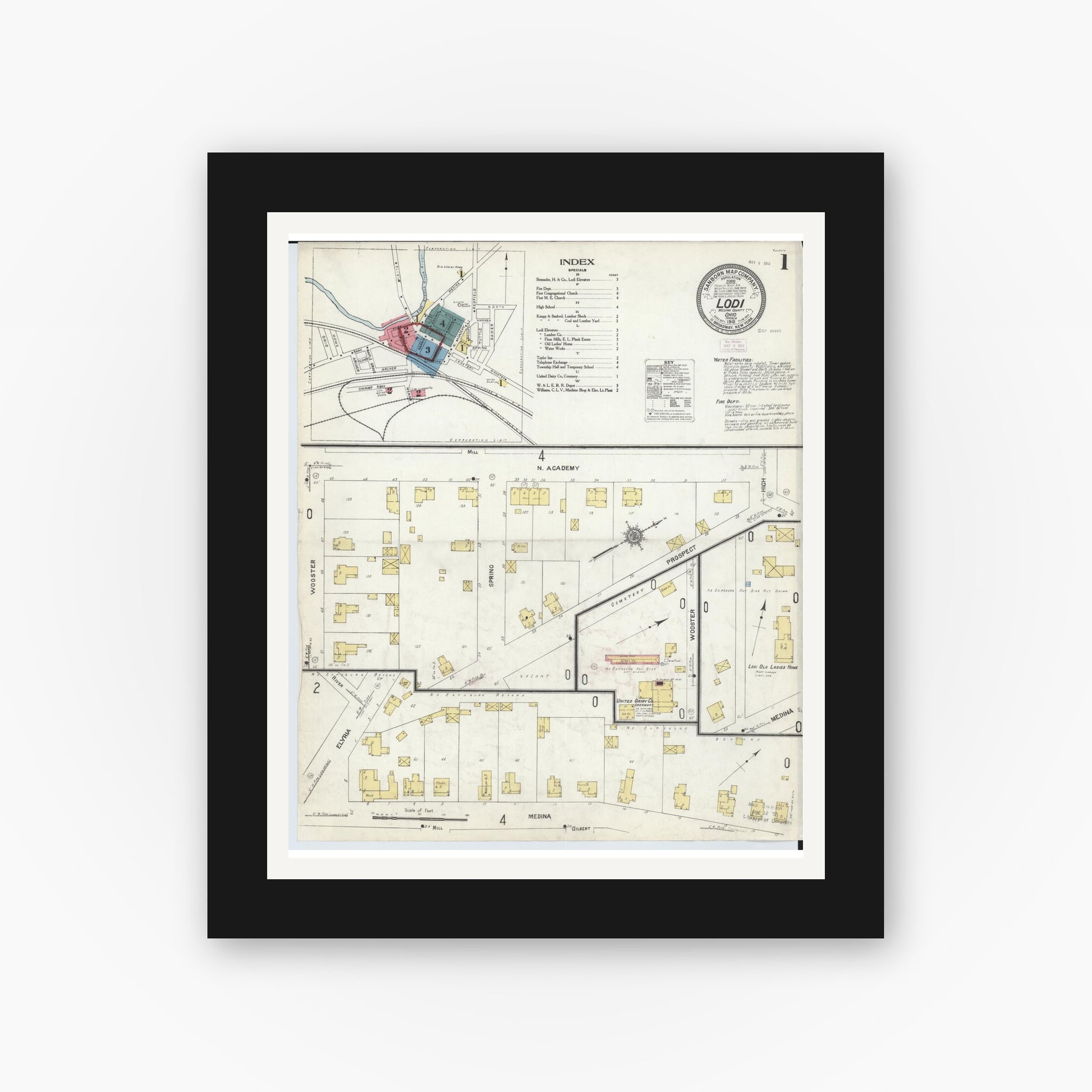 Old map wall art mockup — black gallery frame with white mat — Sanborn Fire Insurance Map from Lodi, Medina County, Ohio (1912) - Complete Map Set