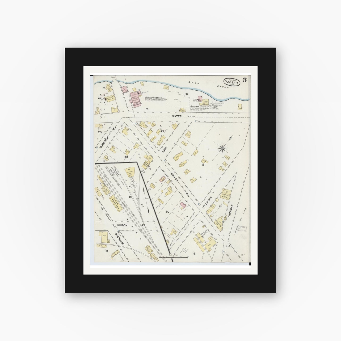 Old map wall art mockup — black gallery frame with white mat — Sanborn Fire Insurance Map from Vassar, Tuscola County, Michigan (1889), Sheet #0003