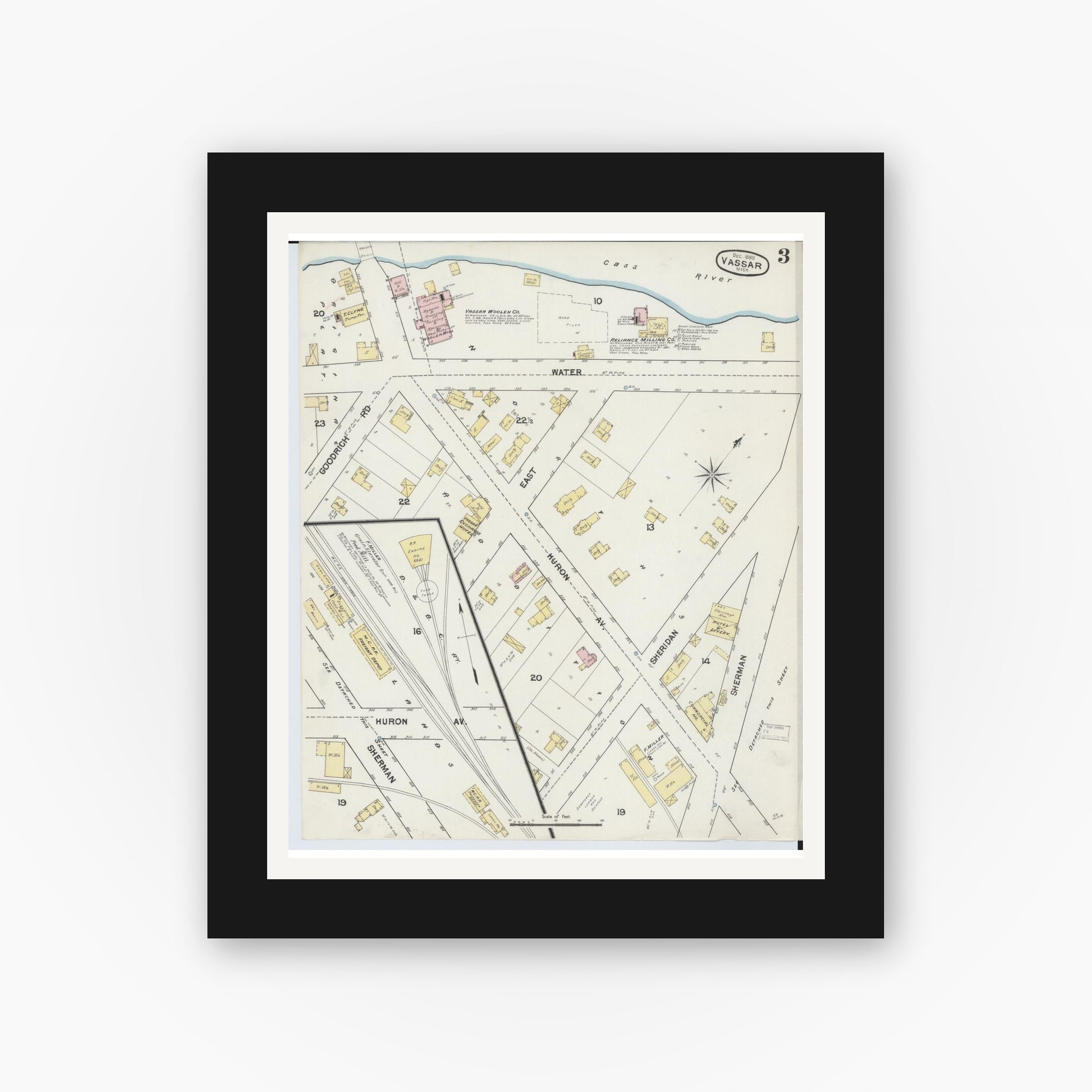 Old map wall art mockup — black gallery frame with white mat — Sanborn Fire Insurance Map from Vassar, Tuscola County, Michigan (1889), Sheet #0003