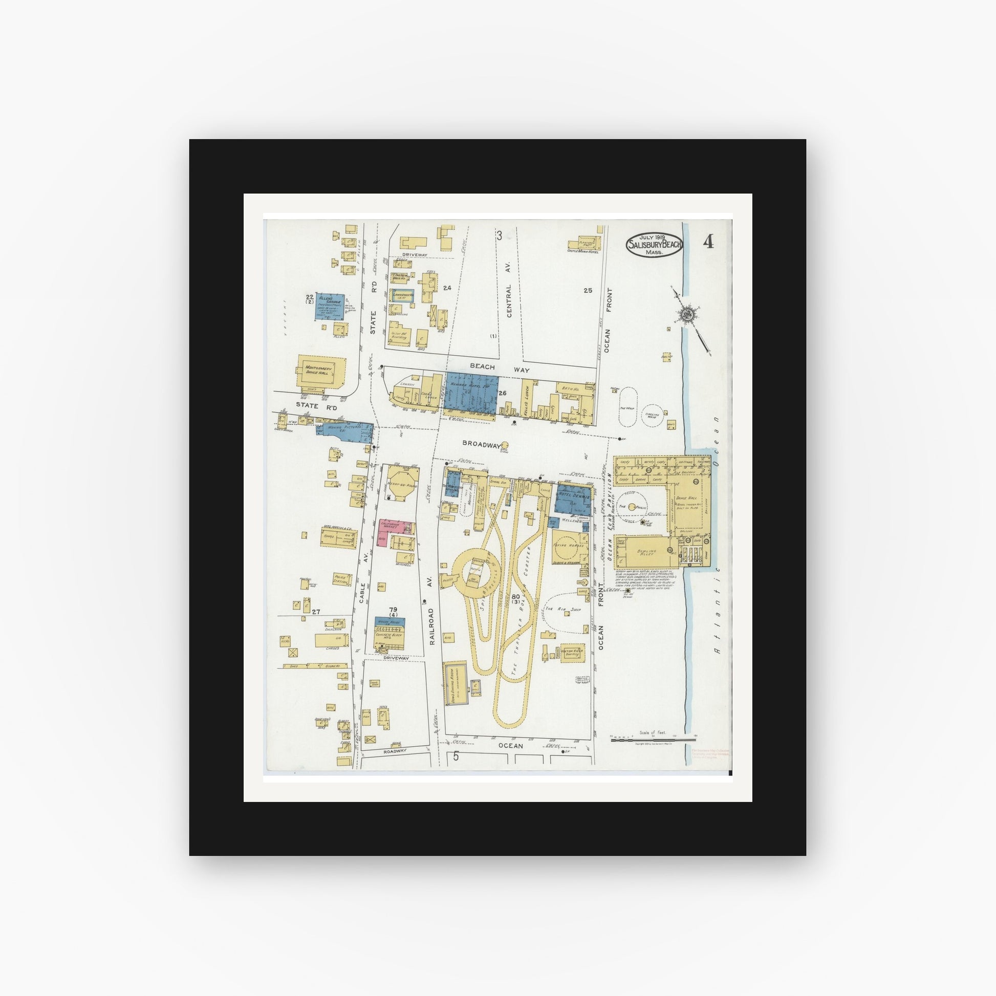 Old map wall art mockup — black gallery frame with white mat — Sanborn Fire Insurance Map from Salisbury, Essex County, Massachusetts (1919), Sheet #0004