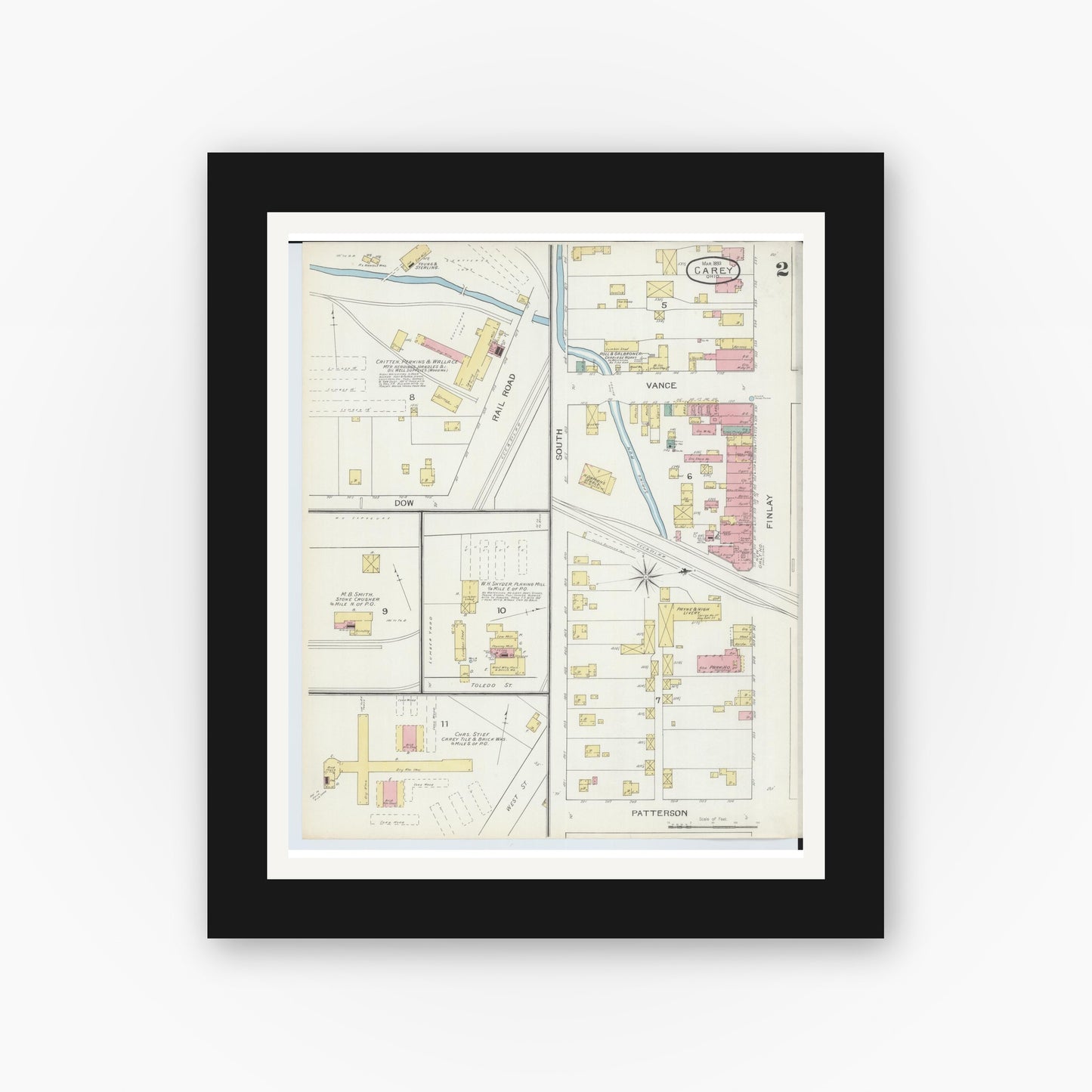 Old map wall art mockup — black gallery frame with white mat — Sanborn Fire Insurance Map from Carey, Wyandot County, Ohio (1893), Sheet #0002