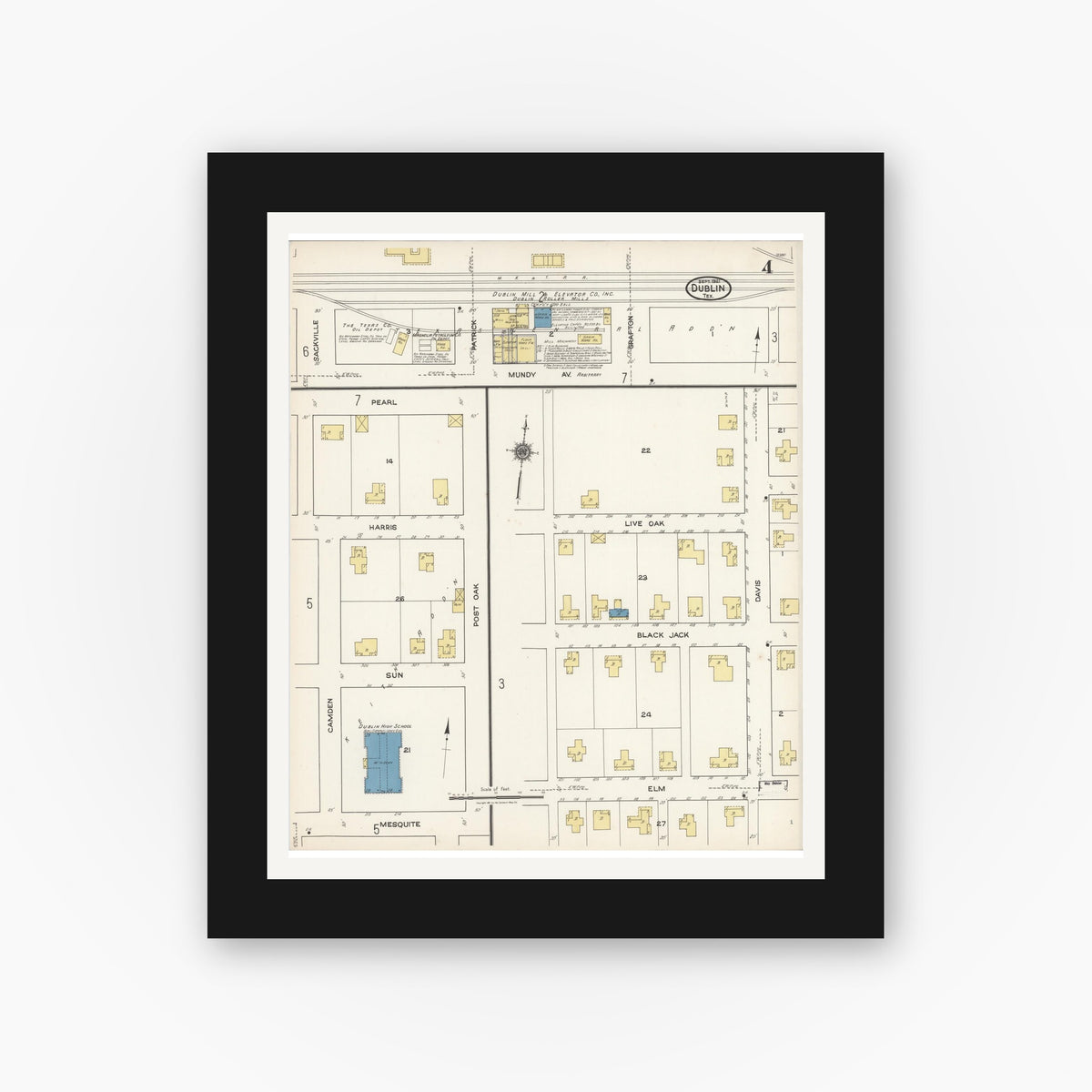 Old map wall art mockup — black gallery frame with white mat — Sanborn Fire Insurance Map from Dublin, Erath County, Texas (1921), Sheet #0004