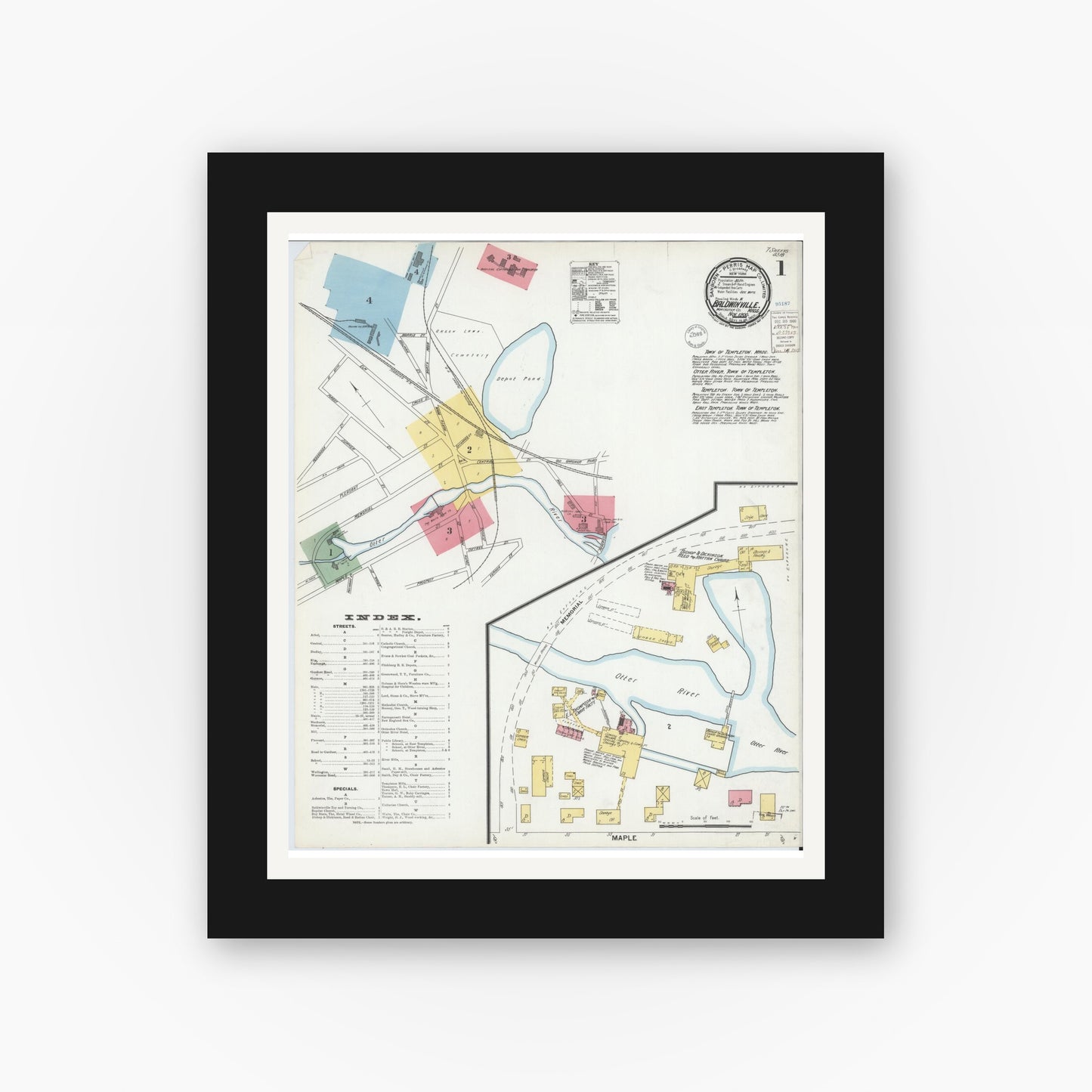 Old map wall art mockup — black gallery frame with white mat — Sanborn Fire Insurance Map from Baldwinville, Worcester County, Massachusetts (1900), Sheet #0001
