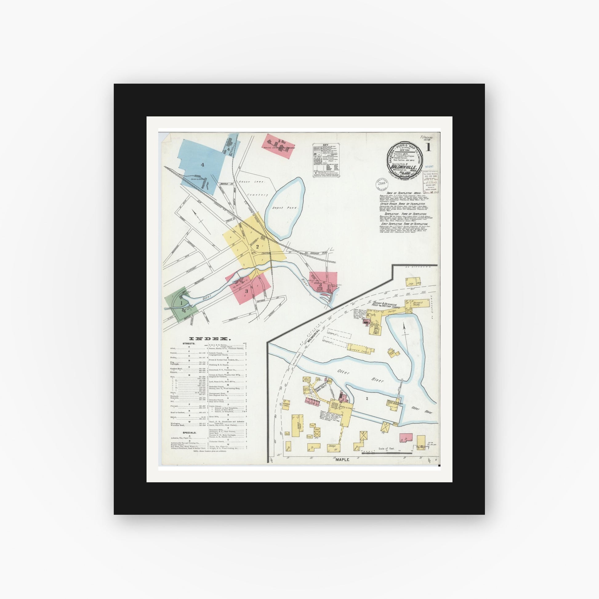 Old map wall art mockup — black gallery frame with white mat — Sanborn Fire Insurance Map from Baldwinville, Worcester County, Massachusetts (1900), Sheet #0001