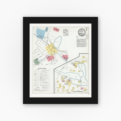 Old map wall art mockup — black gallery frame with white mat — Sanborn Fire Insurance Map from Baldwinville, Worcester County, Massachusetts (1900), Sheet #0001