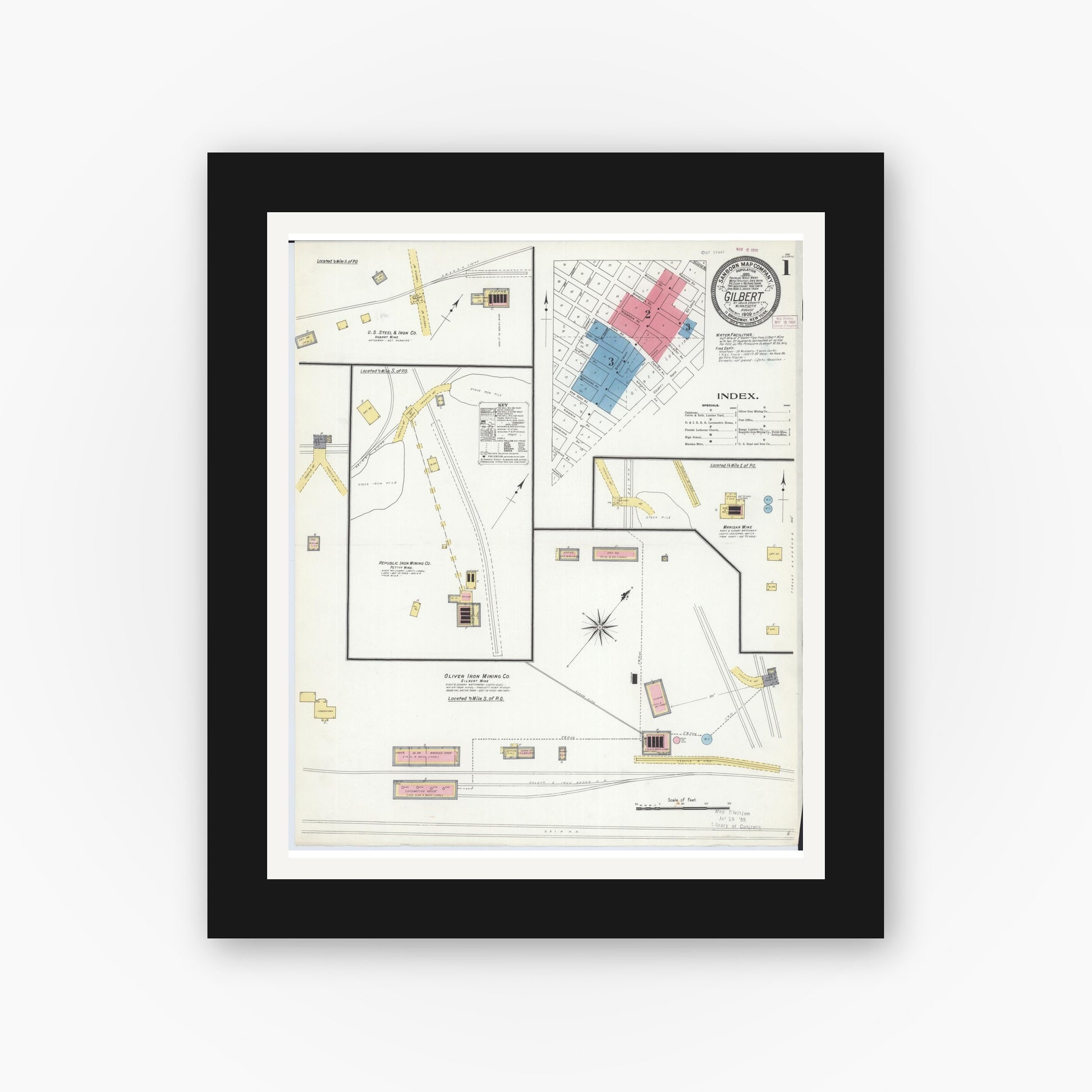 Old map wall art mockup — black gallery frame with white mat — Sanborn Fire Insurance Map from Gilbert, Saint Louis County, Minnesota (1909), Sheet #0001