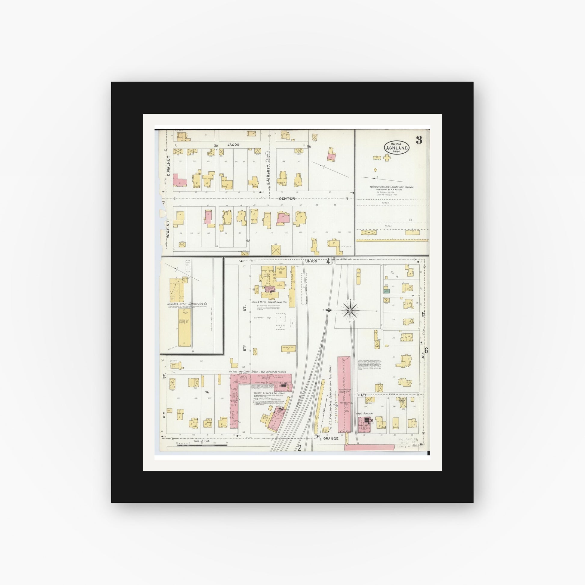 Old map wall art mockup — black gallery frame with white mat — Sanborn Fire Insurance Map from Ashland, Ashland County, Ohio (1904), Sheet #0003
