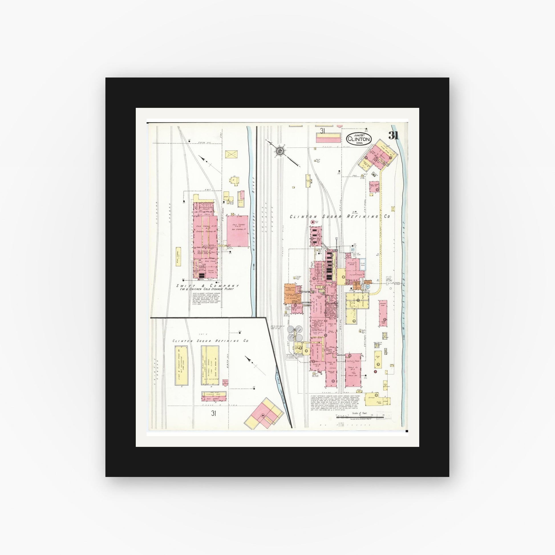 Old map wall art mockup — black gallery frame with white mat — Sanborn Fire Insurance Map from Clinton, Clinton County, Iowa (1917), Sheet #0031