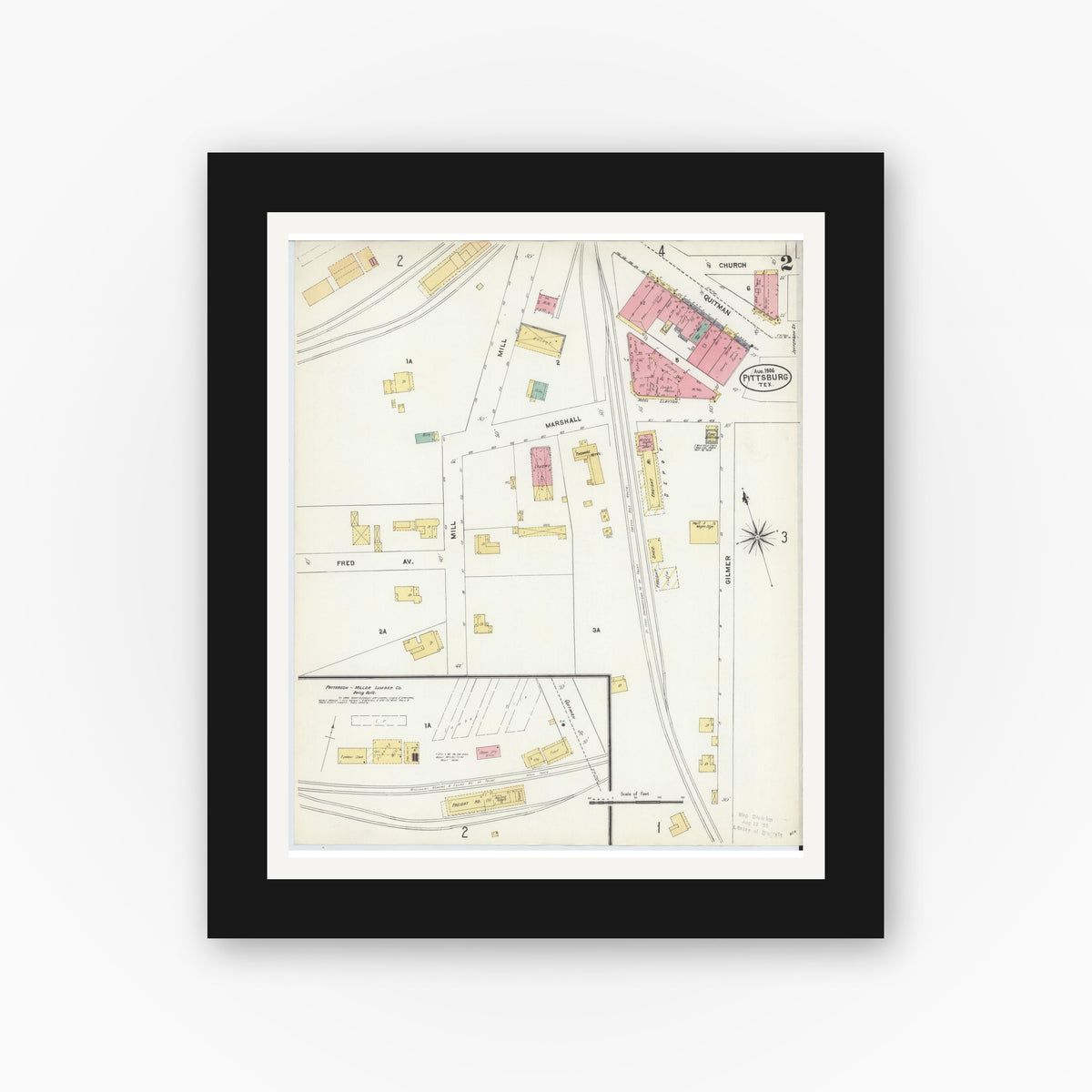 Old map wall art mockup — black gallery frame with white mat — Sanborn Fire Insurance Map from Pittsburg, Camp County, Texas (1906), Sheet #0002