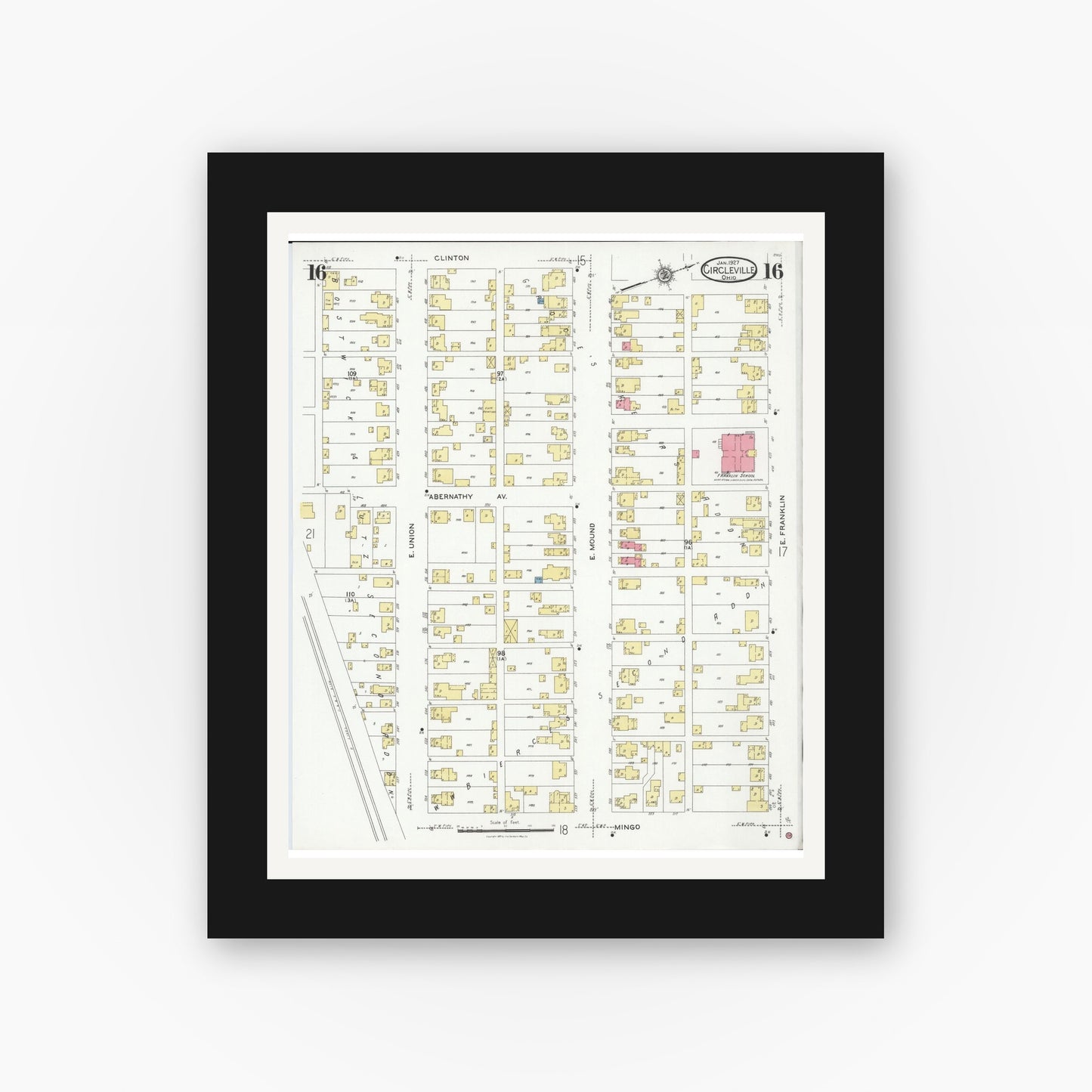 Old map wall art mockup — black gallery frame with white mat — Sanborn Fire Insurance Map from Circleville, Pickaway County, Ohio (1927), Sheet #0016