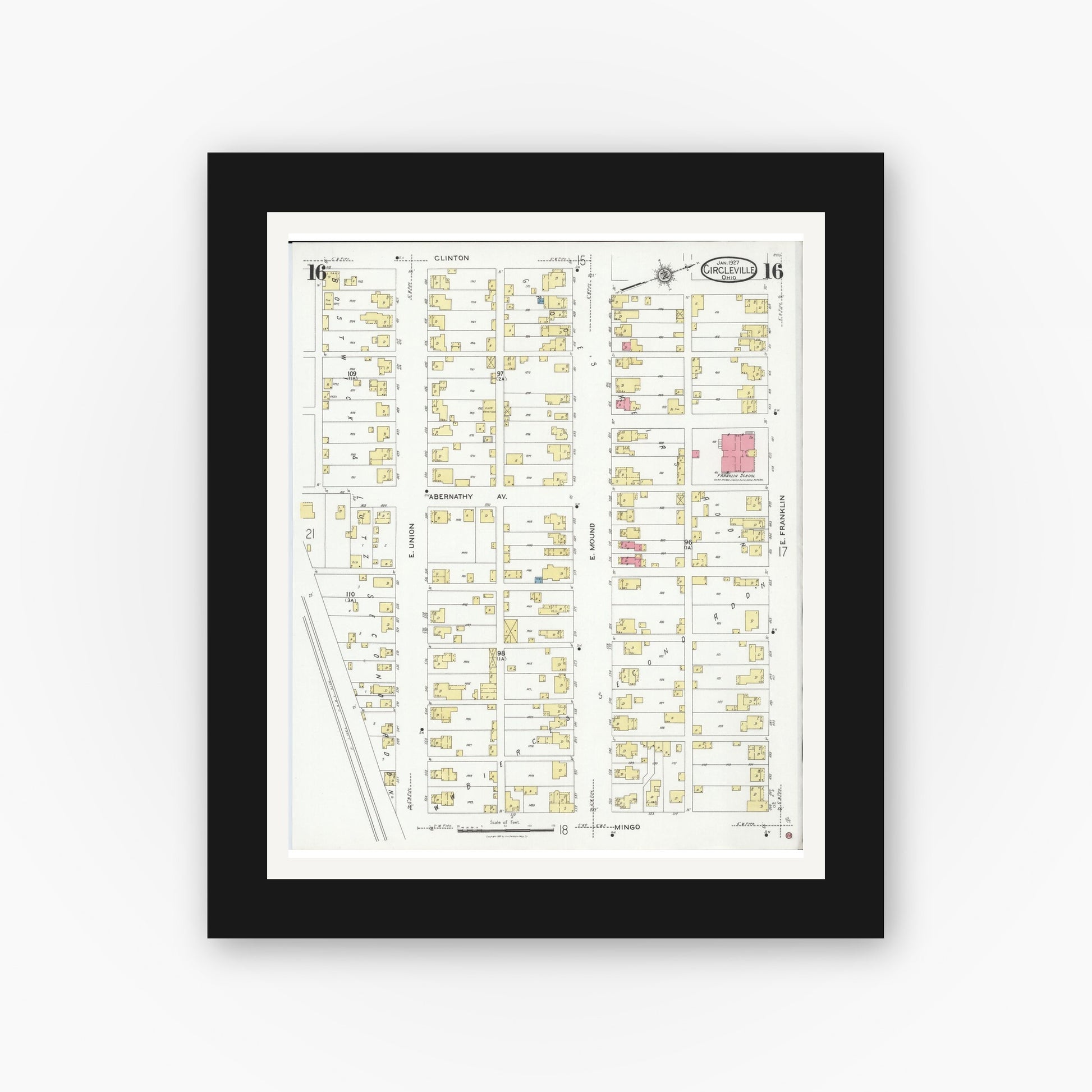 Old map wall art mockup — black gallery frame with white mat — Sanborn Fire Insurance Map from Circleville, Pickaway County, Ohio (1927), Sheet #0016