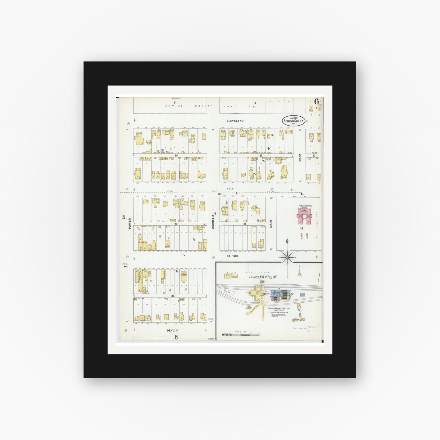 Old map wall art mockup — black gallery frame with white mat — Sanborn Fire Insurance Map from Spring Valley, Bureau County, Illinois (1899), Sheet #0006