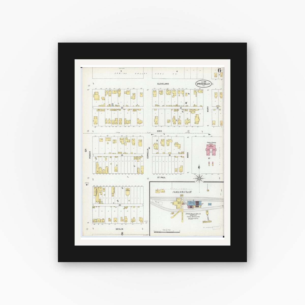 Old map wall art mockup — black gallery frame with white mat — Sanborn Fire Insurance Map from Spring Valley, Bureau County, Illinois (1899), Sheet #0006