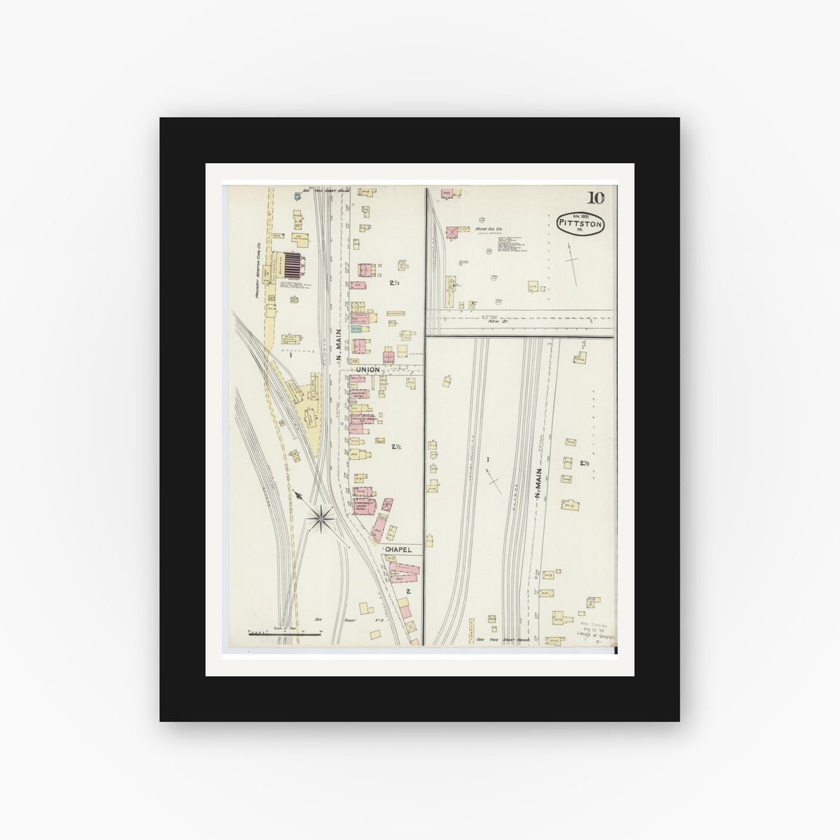 Old map wall art mockup — black gallery frame with white mat — Sanborn Fire Insurance Map from Pittston, Luzerne County, Pennsylvania (1891), Sheet #0010