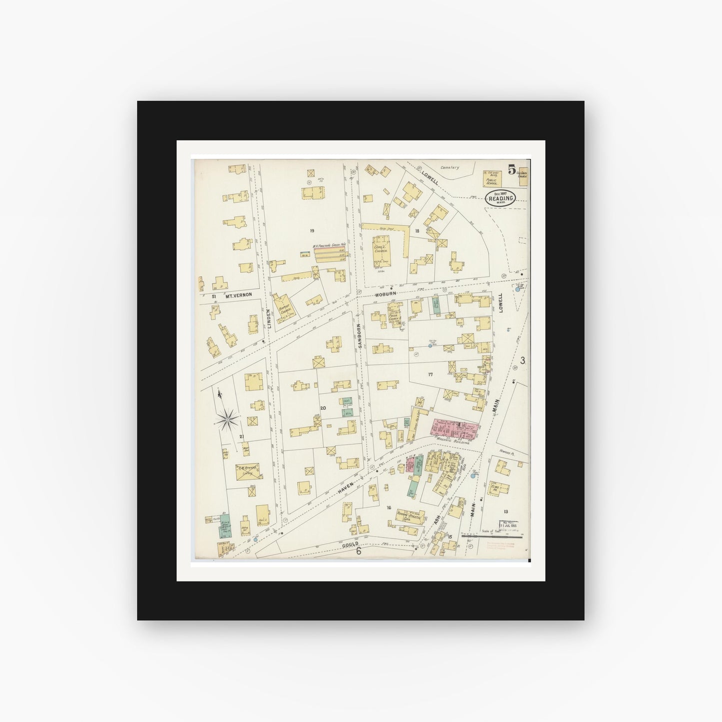 Old map wall art mockup — black gallery frame with white mat — Sanborn Fire Insurance Map from Reading, Middlesex County, Massachusetts (1897), Sheet #0005