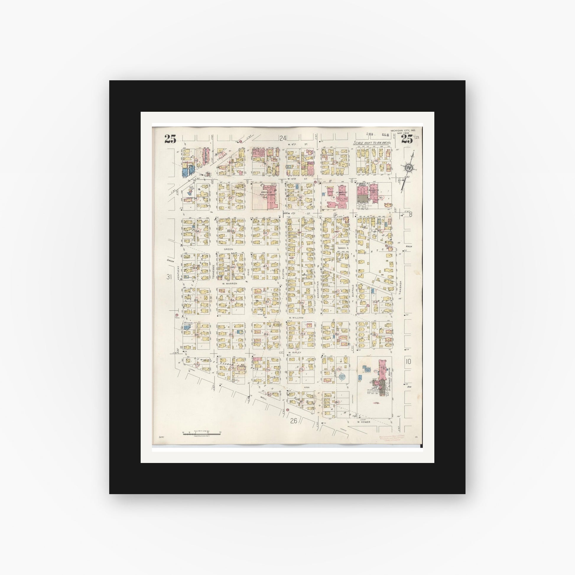 Old map wall art mockup — black gallery frame with white mat — Sanborn Fire Insurance Map from Michigan City, La Porte County, Indiana (1948), Sheet #0025