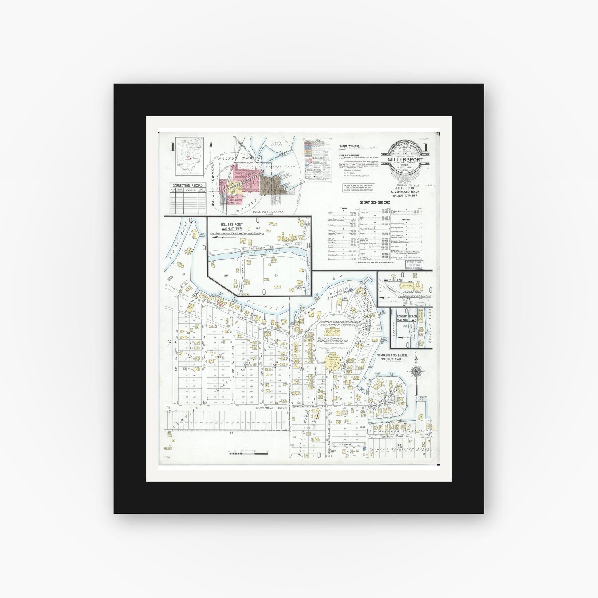 Old map wall art mockup — black gallery frame with white mat — Sanborn Fire Insurance Map from Millersport, Fairfield County, Ohio (1946), Sheet #0001