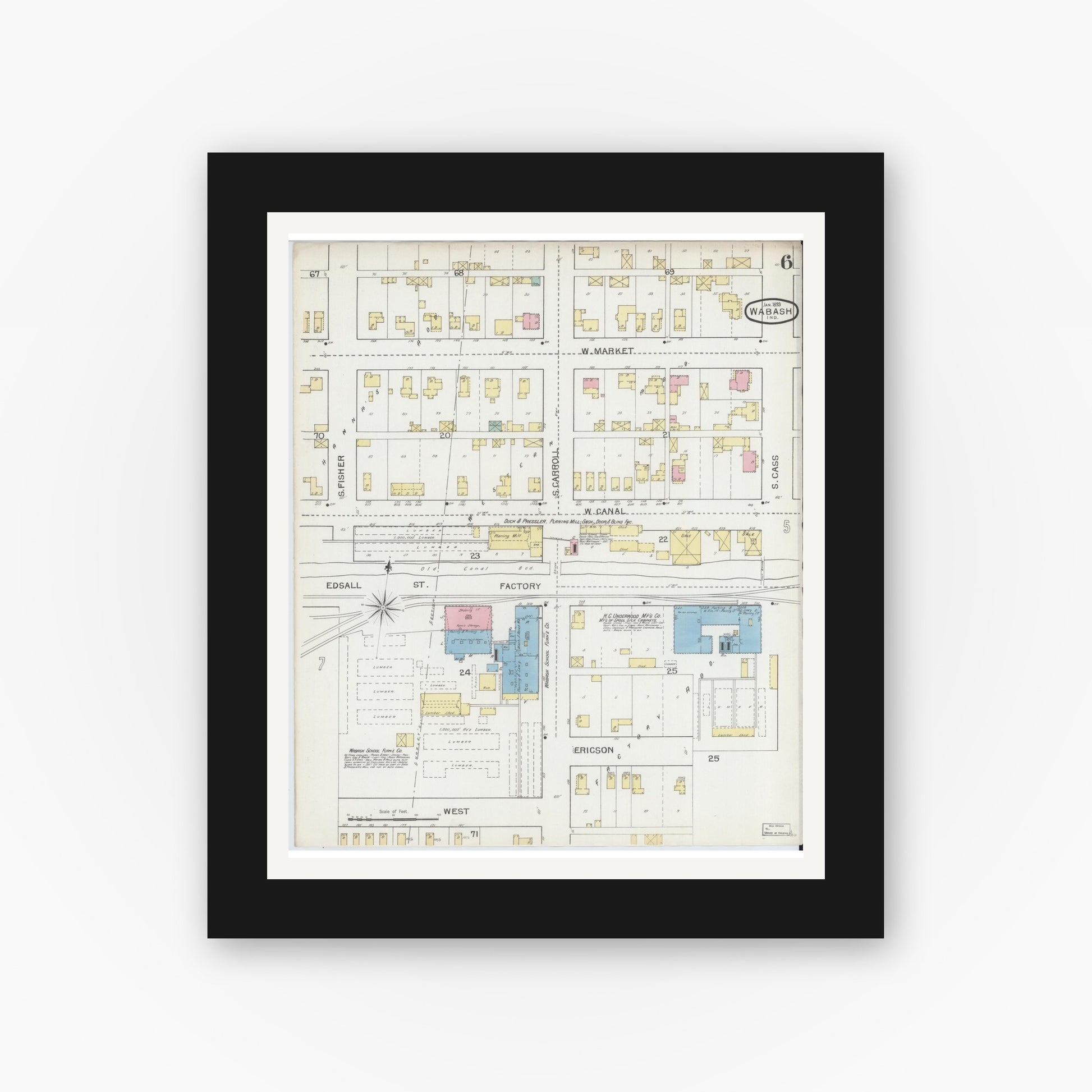 Old map wall art mockup — black gallery frame with white mat — Sanborn Fire Insurance Map from Wabash, Wabash County, Indiana (1893), Sheet #0006
