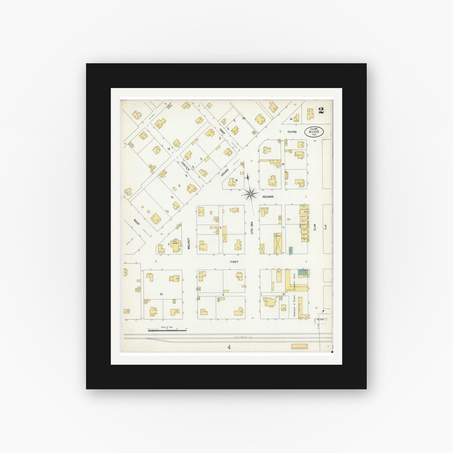 Old map wall art mockup — black gallery frame with white mat — Sanborn Fire Insurance Map from Hico, Hamilton County, Texas (1903), Sheet #0002