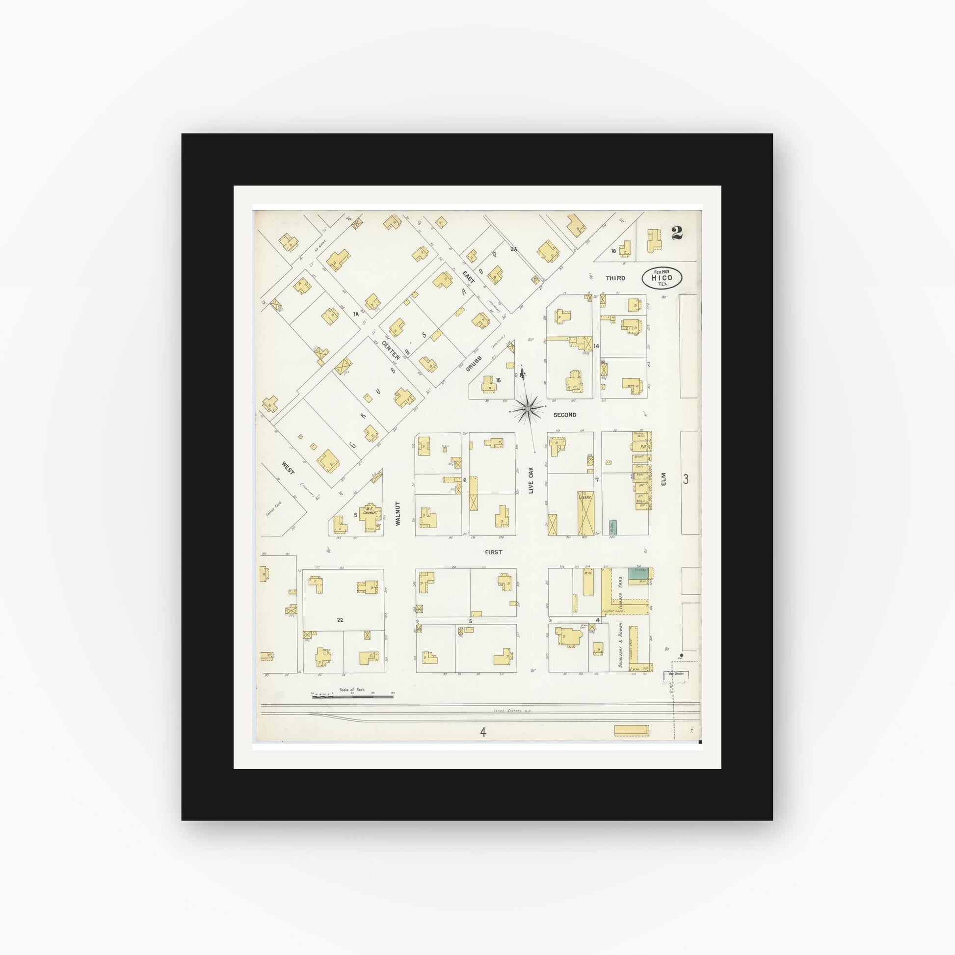 Old map wall art mockup — black gallery frame with white mat — Sanborn Fire Insurance Map from Hico, Hamilton County, Texas (1903), Sheet #0002