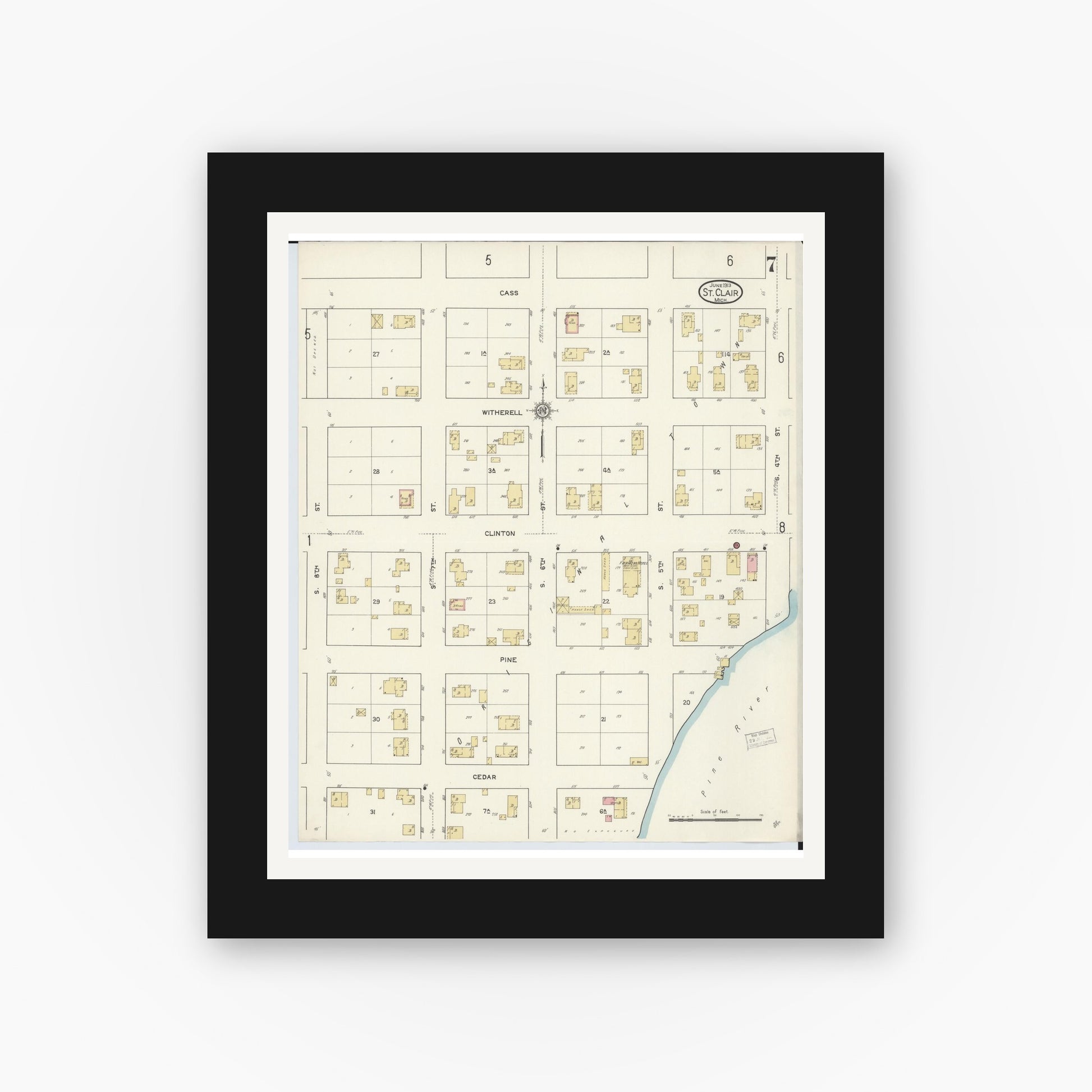 Old map wall art mockup — black gallery frame with white mat — Sanborn Fire Insurance Map from Saint Clair, Saint Clair County, Michigan (1913), Sheet #0007