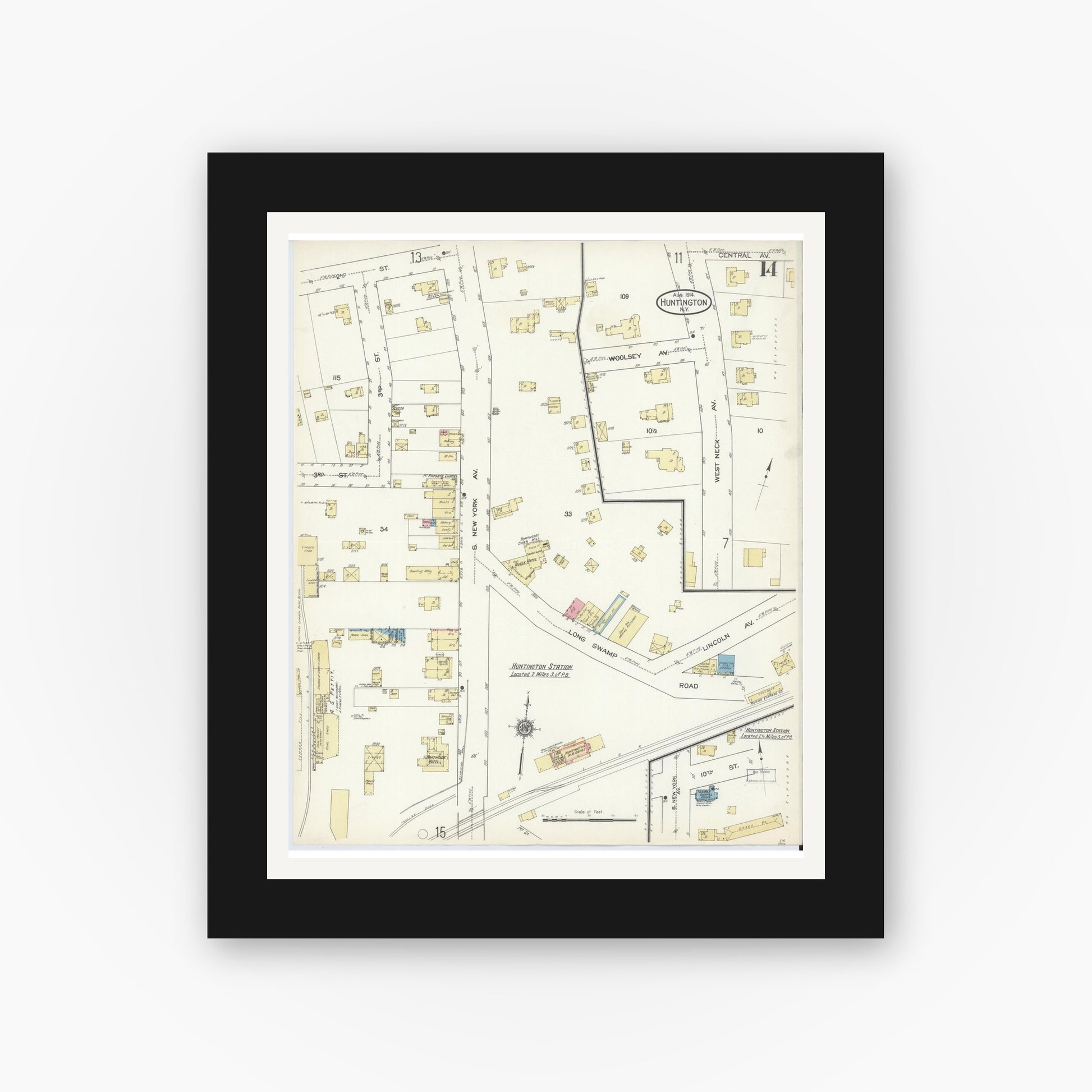 Old map wall art mockup — black gallery frame with white mat — Sanborn Fire Insurance Map from Huntington, Suffolk County, New York (1914), Sheet #0014